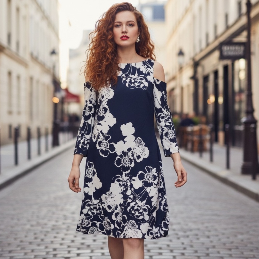 Eliza J Navy & White Floral Cold Shoulder Shift Dress - Size 10
